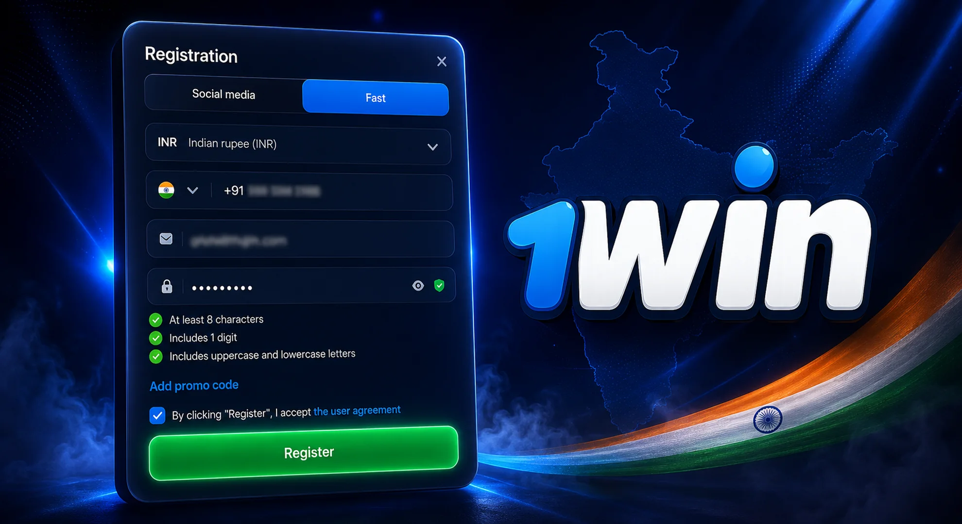 Sign up for a 1win account quickly.